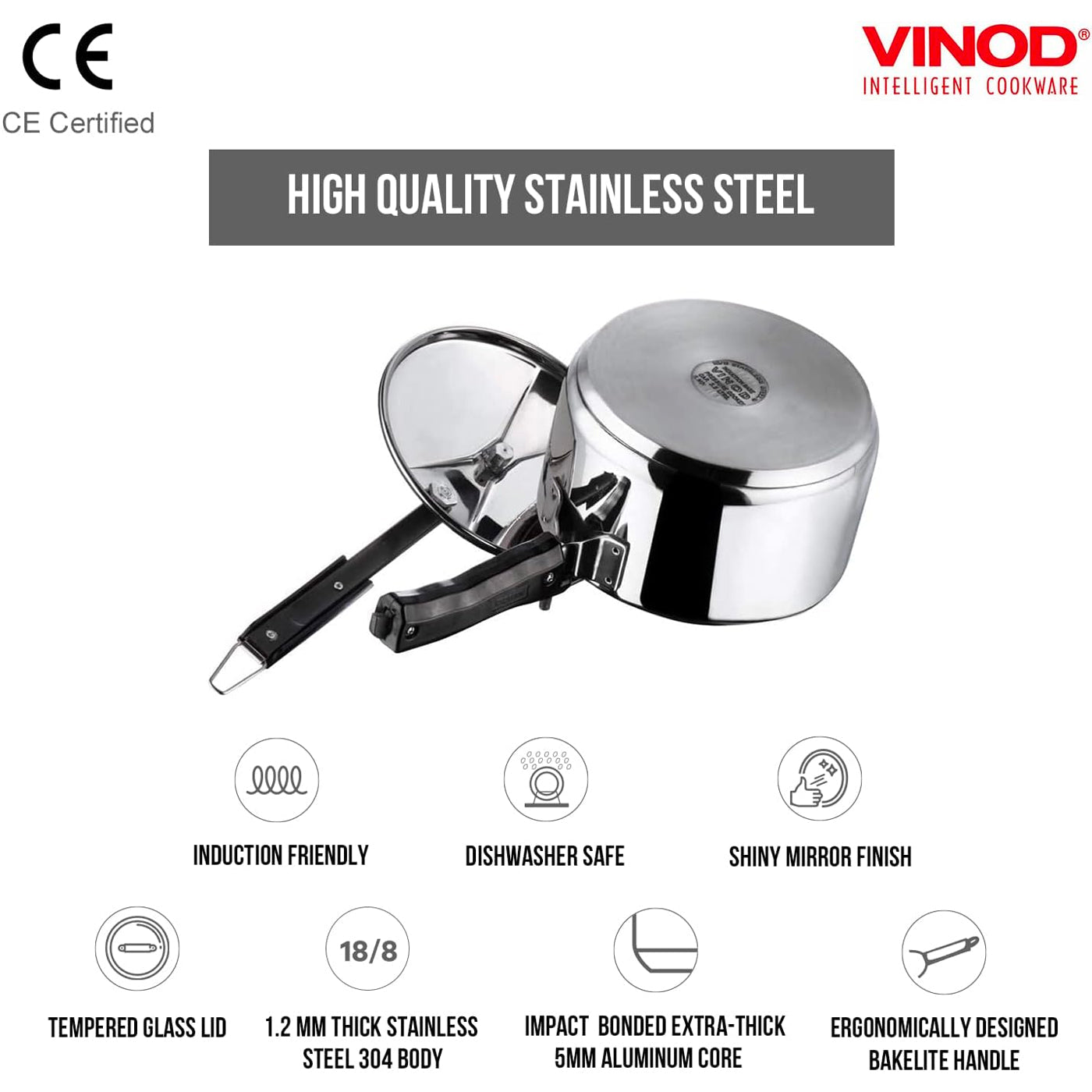 Vinod Pressure Cooker Stainless Steel- Induction - 7 Litre