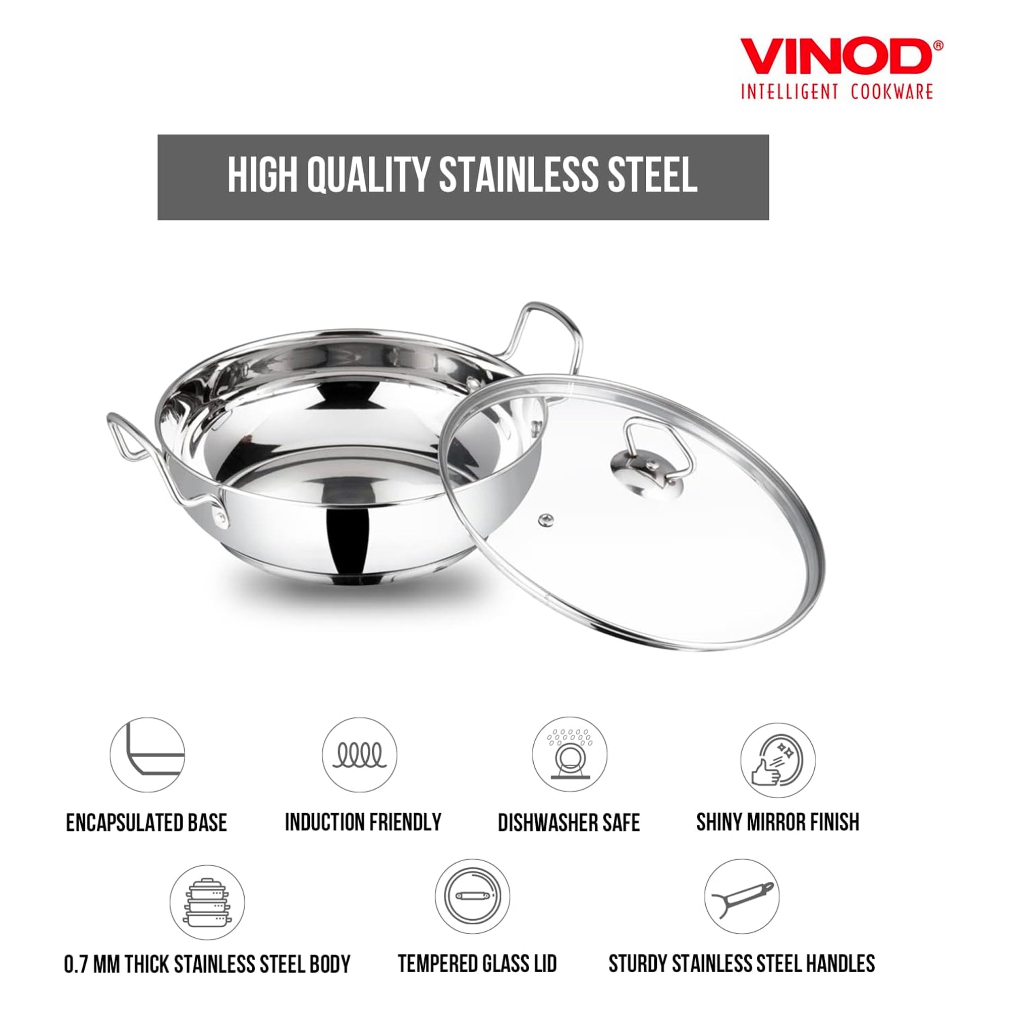 Vinod Stainless Steel Wok/Kadai - Induction Friendly - 18cm