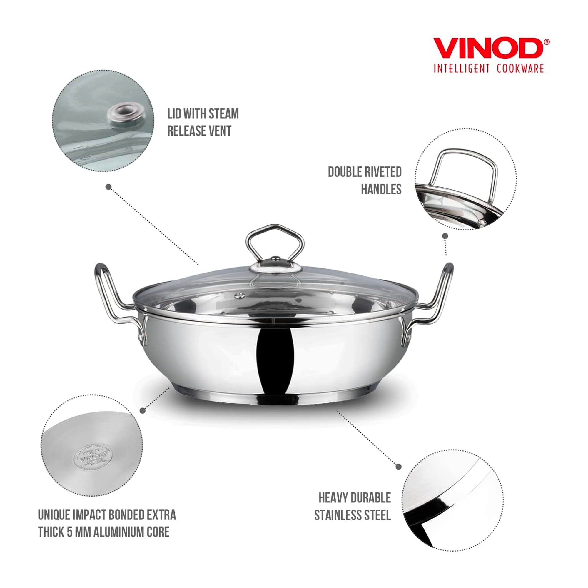Vinod Stainless Steel Wok/Kadai - Induction Friendly - 30cm