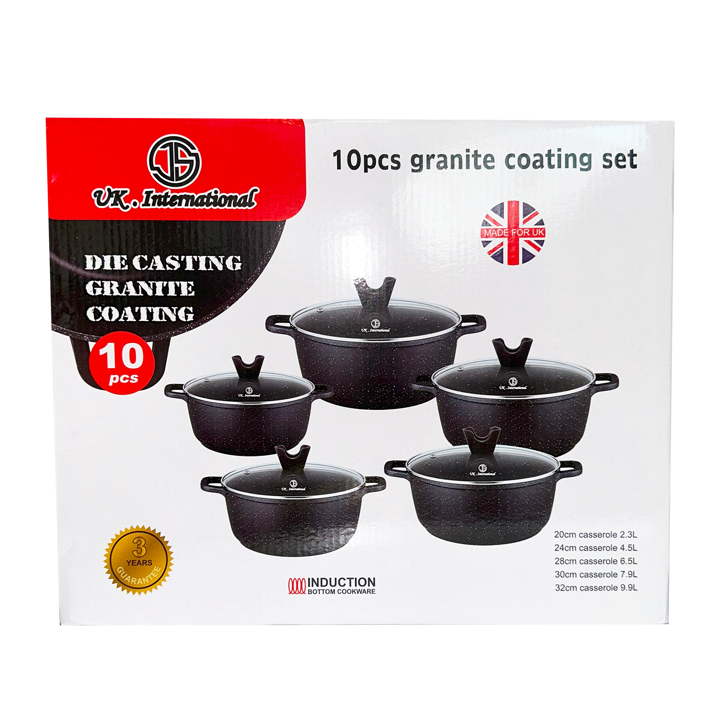 JS Granite Coating Non-Stick Induction Base Casserole/Pot - 5 Pcs Set