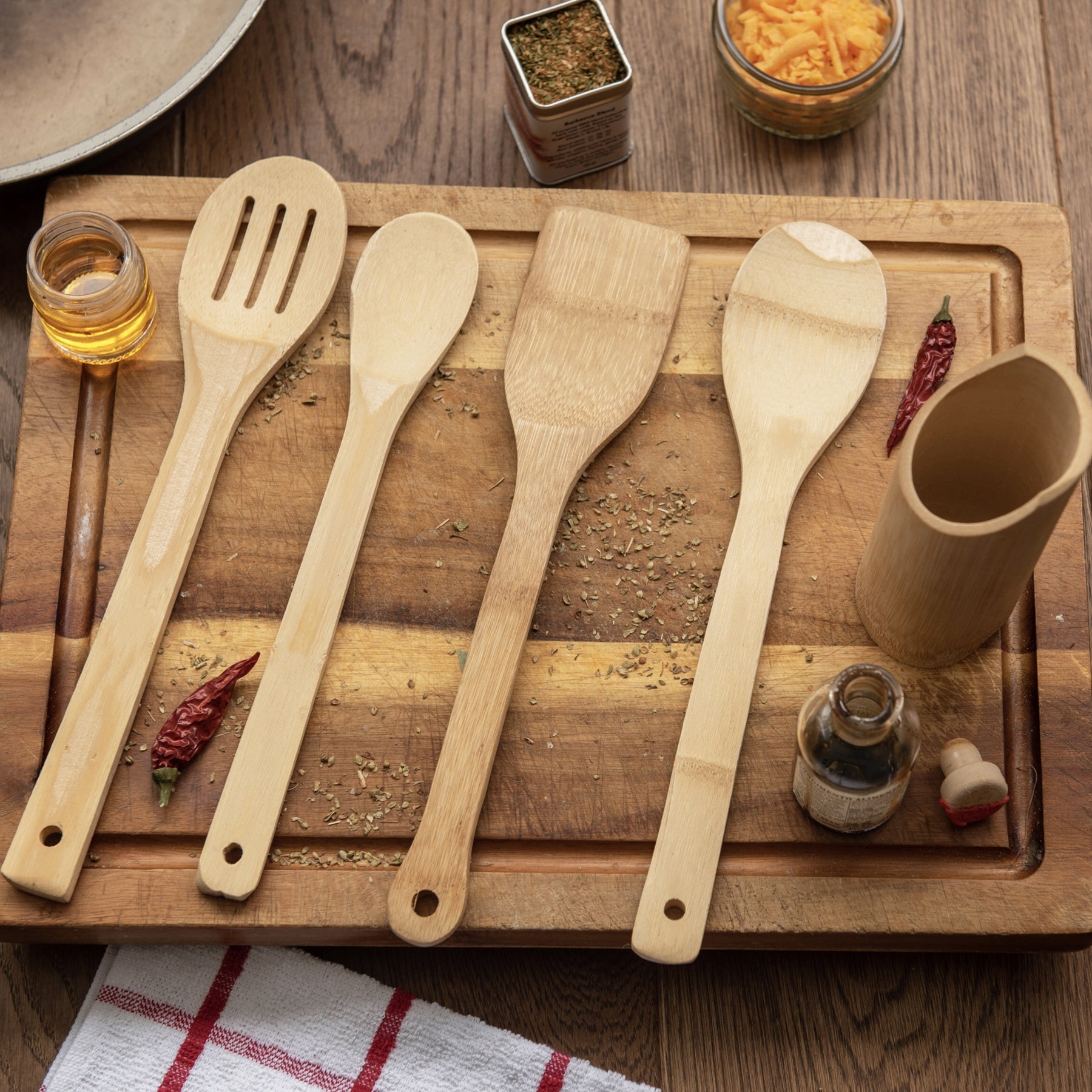 Bamboo Spoon With Holder Set - 5 Pc