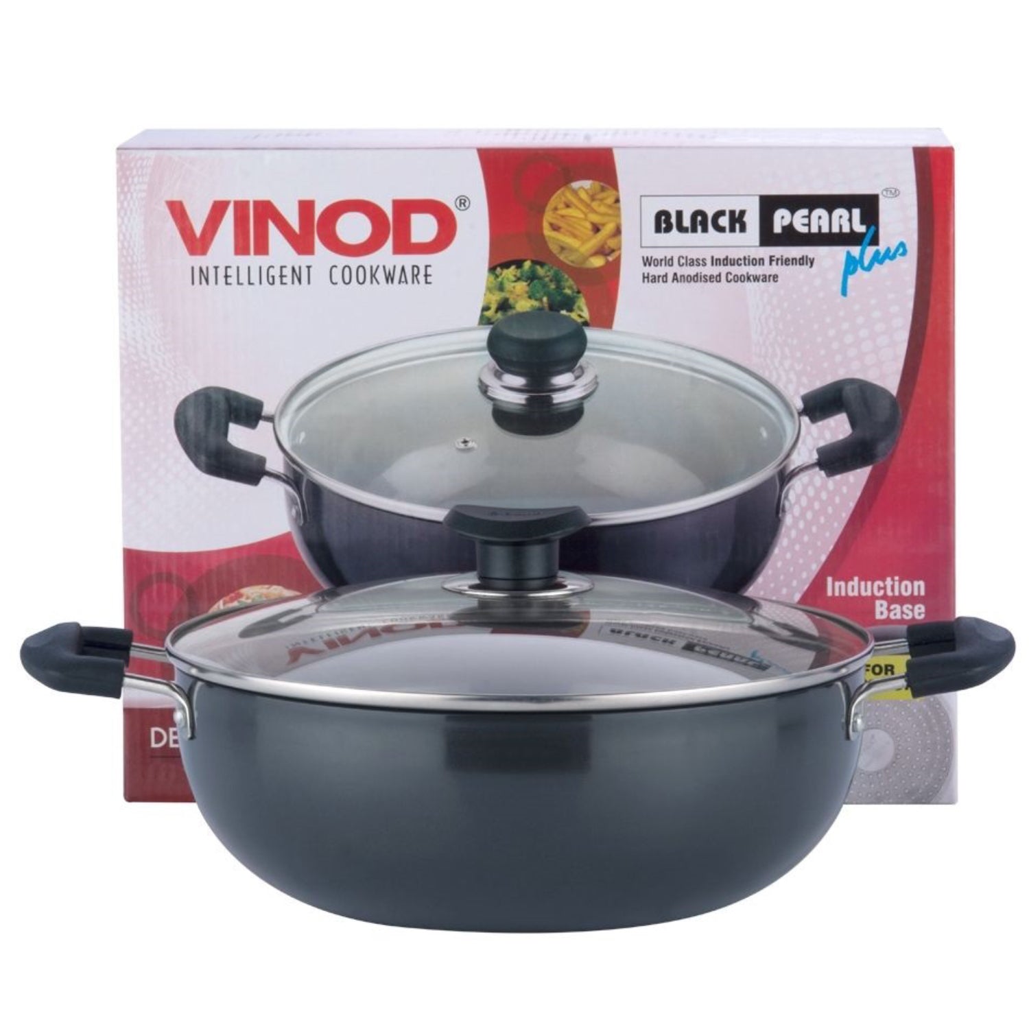 Vinod Hard Anodised Deep Kadai / Wok with Glass Lid - Induction Base - Black - 24 cm / 3.1 L