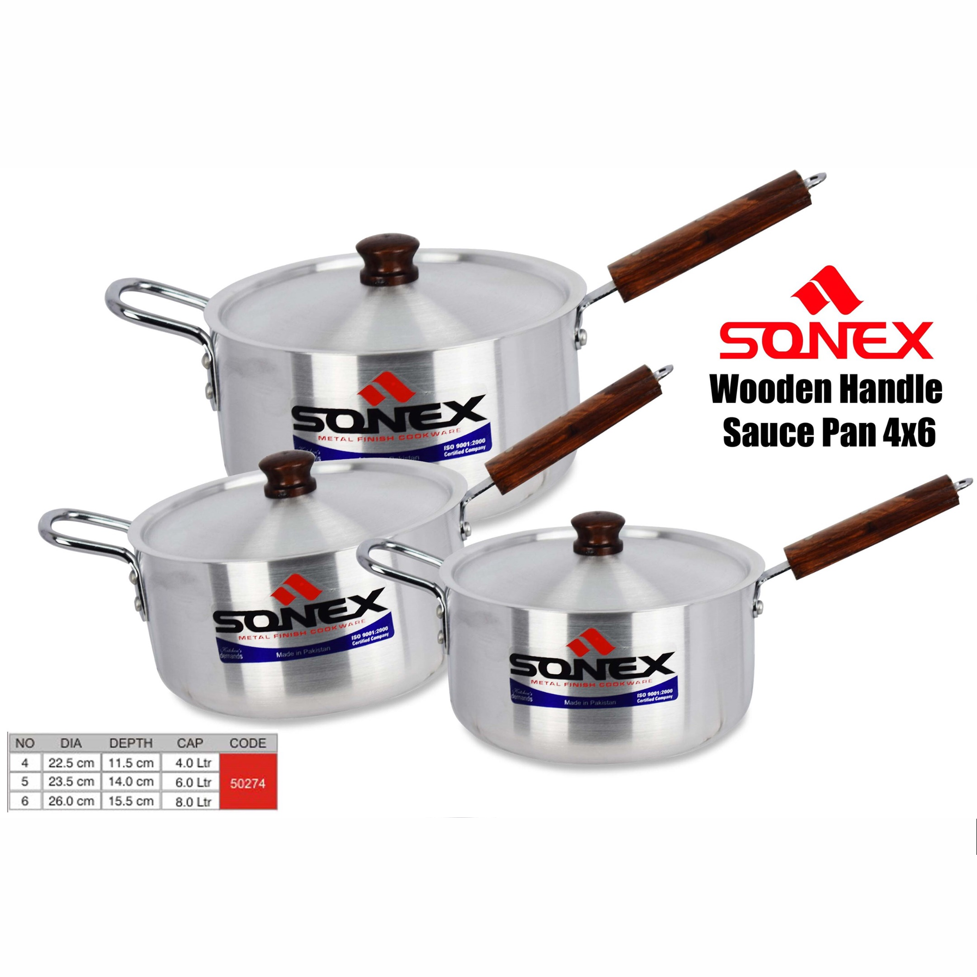 Sonex Wooden Handle Aluminium Saucepan Set 3 Pcs