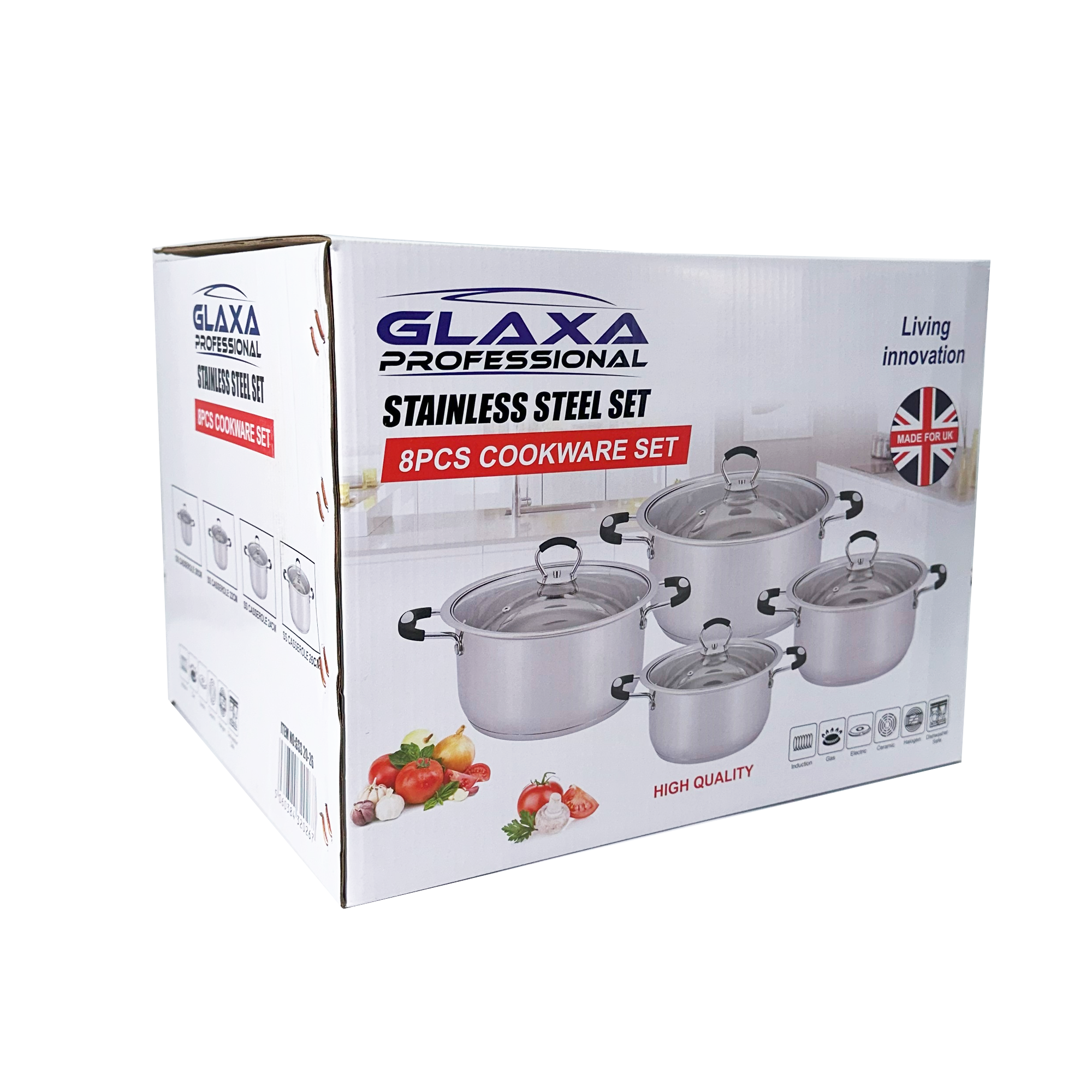 Glaxa Stainless Steel Induction Base Casserole/Pots With Lid - 4 Pc Set