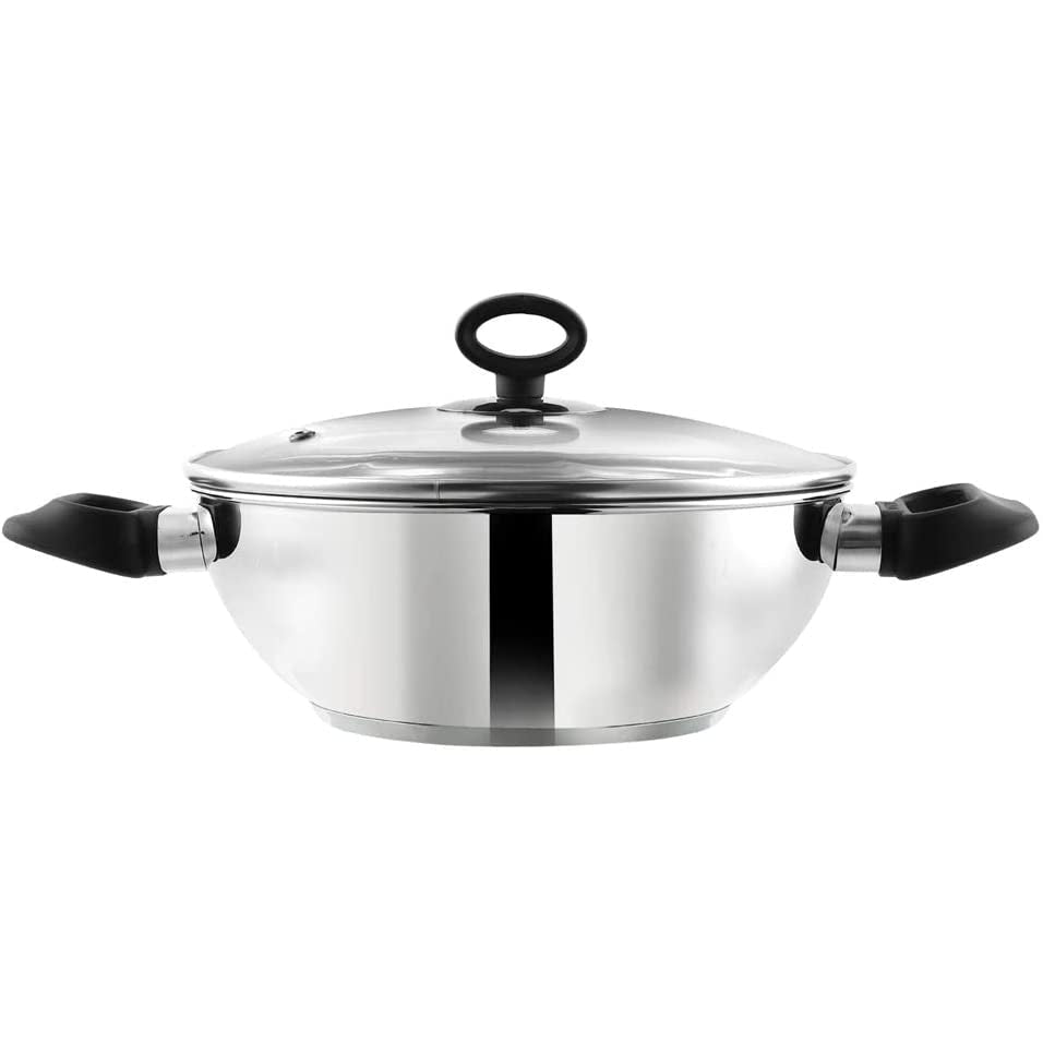 Stainless Steel Wok / Kadai With Glass Lid - Induction Base - DELUXE - 26 cm / 3.8 L