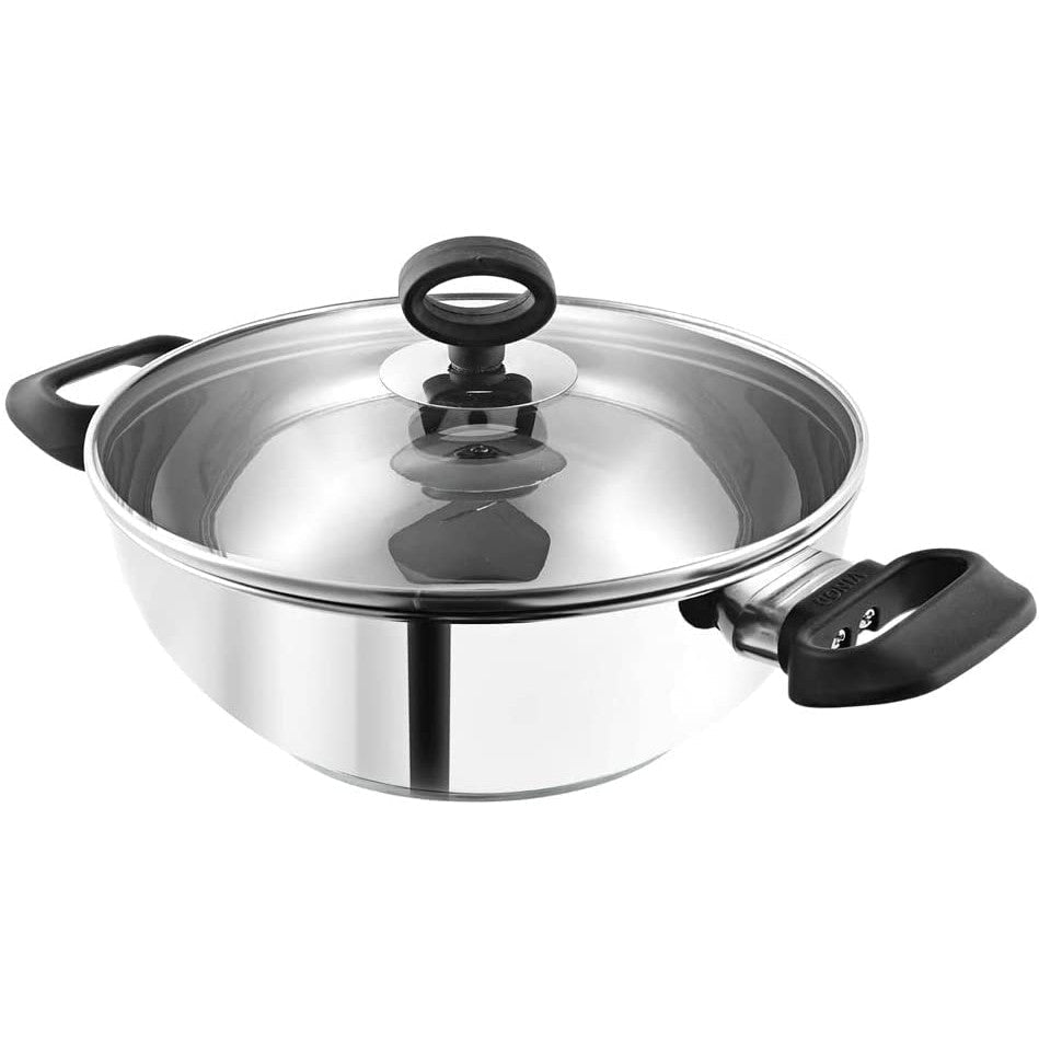 Stainless Steel Wok / Kadai With Glass Lid - Induction Base - DELUXE - 24 cm / 2.8 L