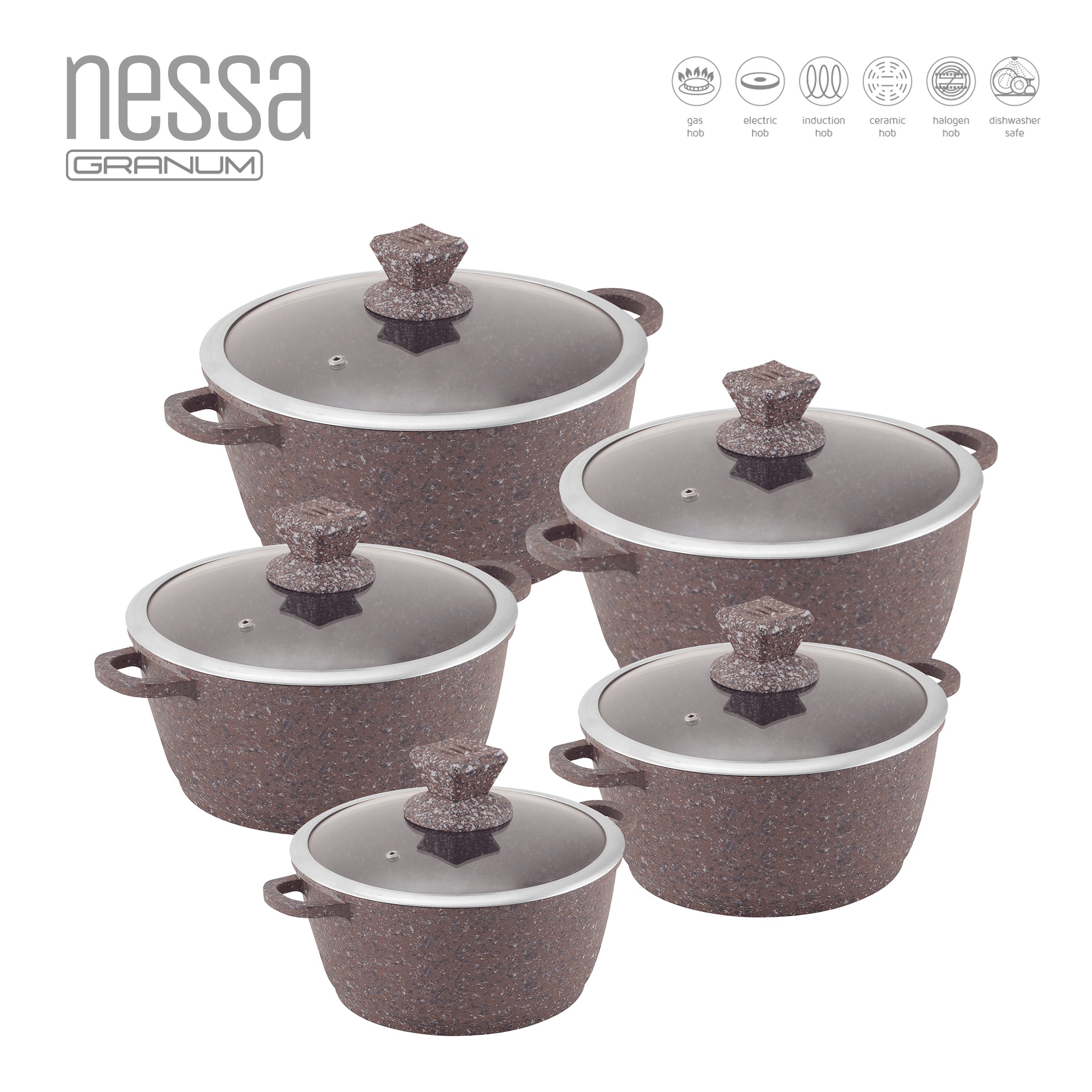 Granite Stockpots With Induction - NESSA GRANUM - Brown - 5 Pcs Set