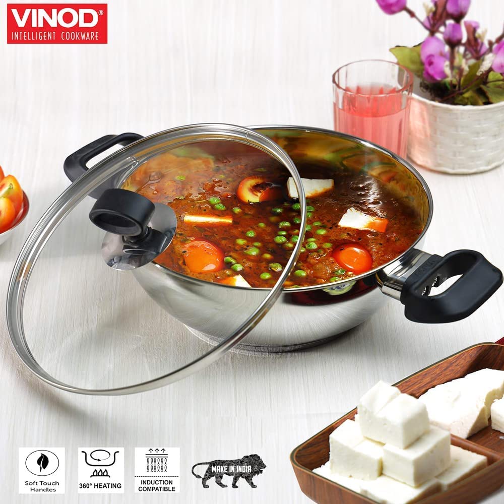 Stainless Steel Wok / Kadai With Glass Lid - Induction Base - DELUXE - 18 cm / 1.2 L