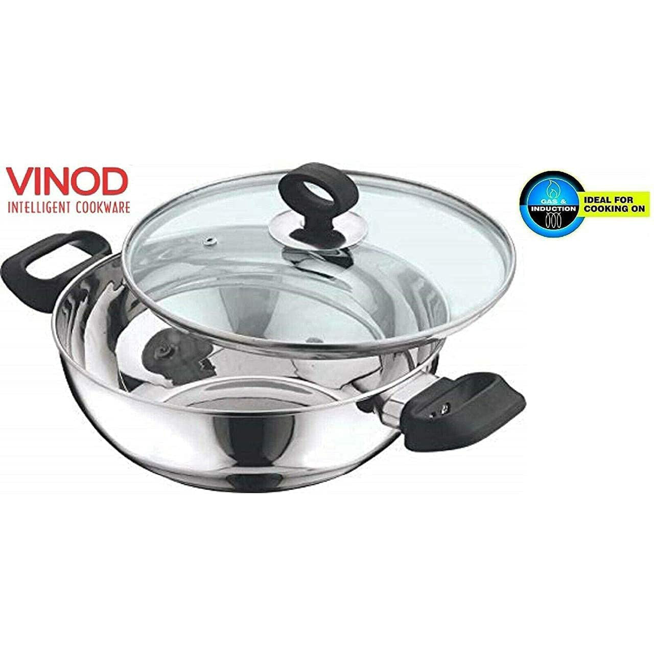 Stainless Steel Wok / Kadai With Glass Lid - Induction Base - DELUXE - 26 cm / 3.8 L