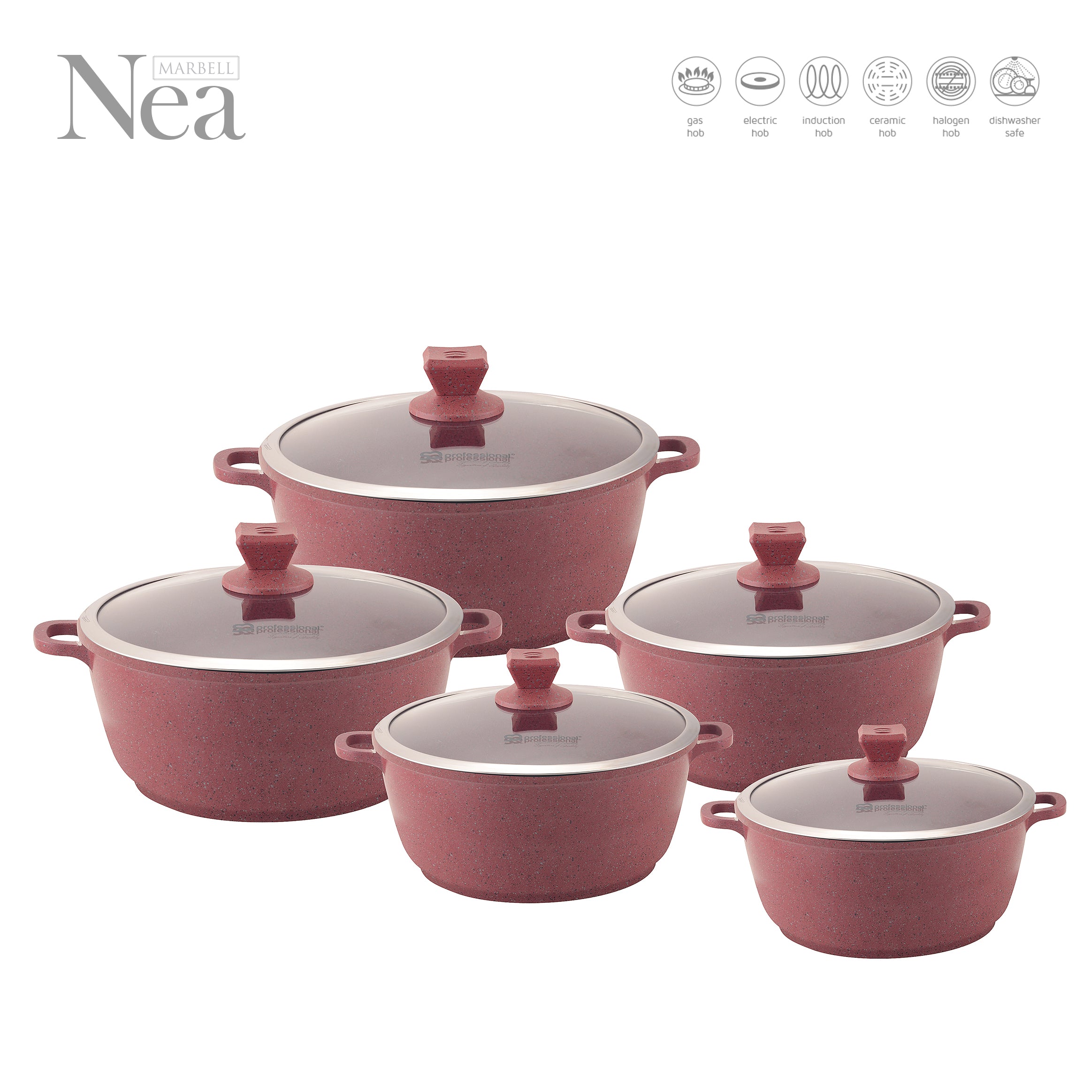 Marble Stockpots With Induction - NEA MARBELL - Red - Round - 5 Pcs Set