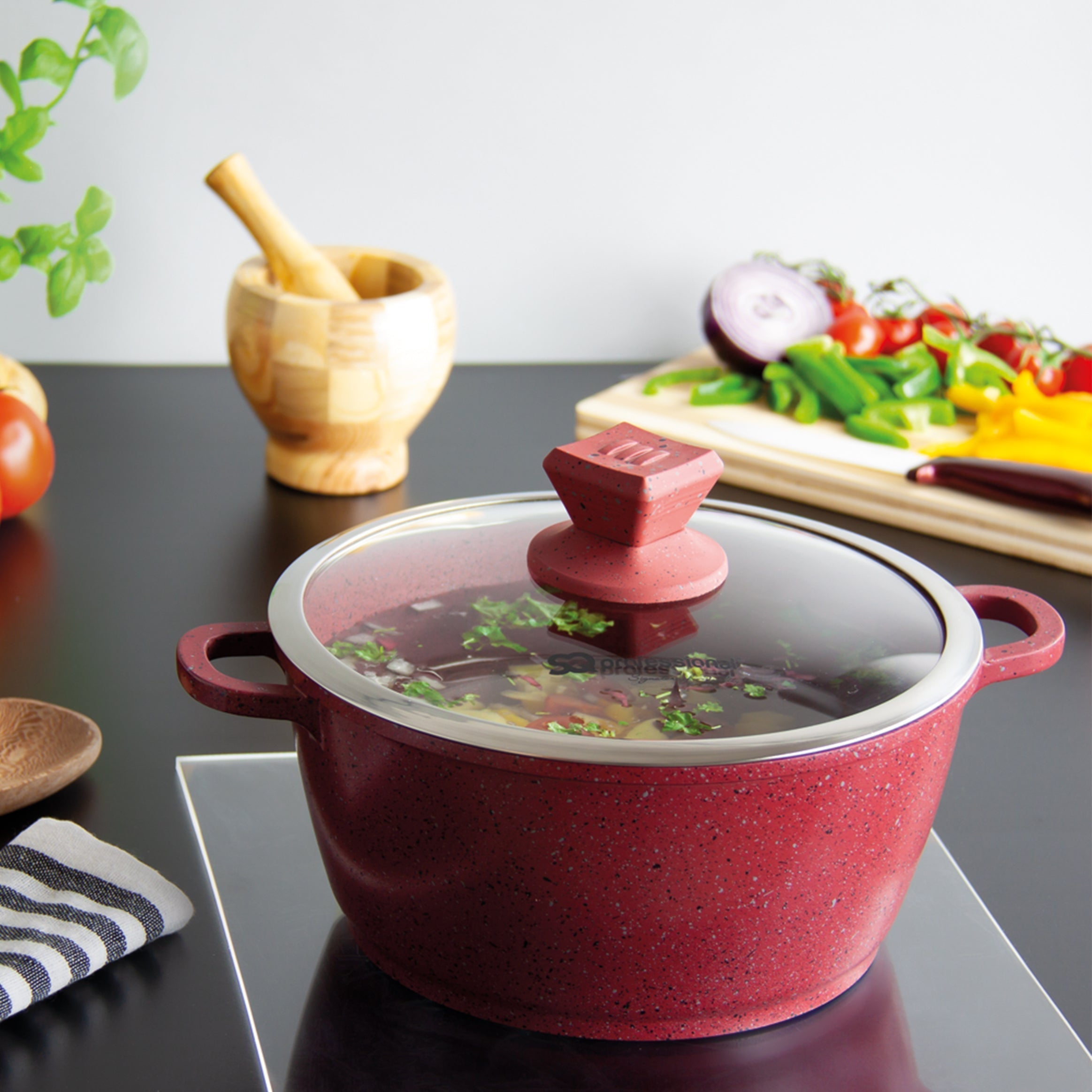 Marble Stockpot With Induction - NEA MARBELL - Red - Round - 30cm