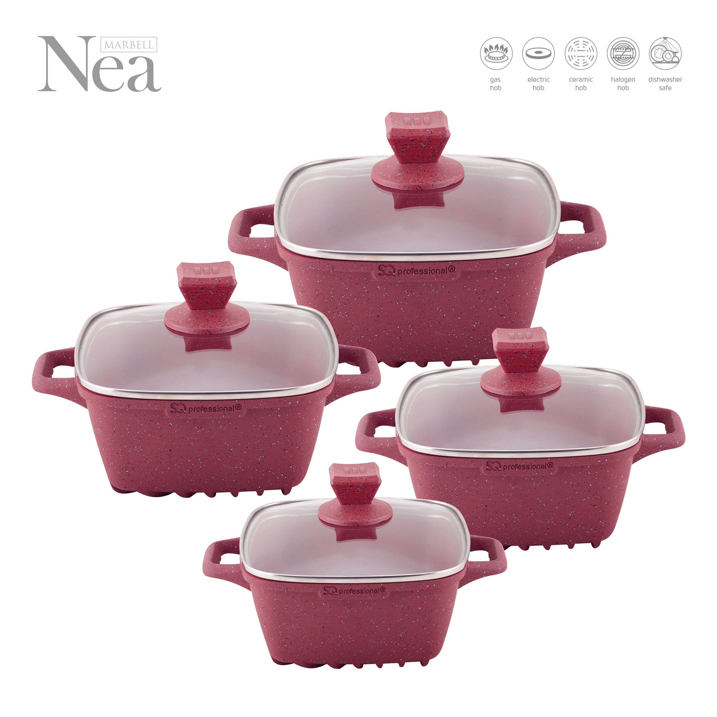 Marble Stockpots - NEA MARBELL - Red - Square - 4 Pcs Set
