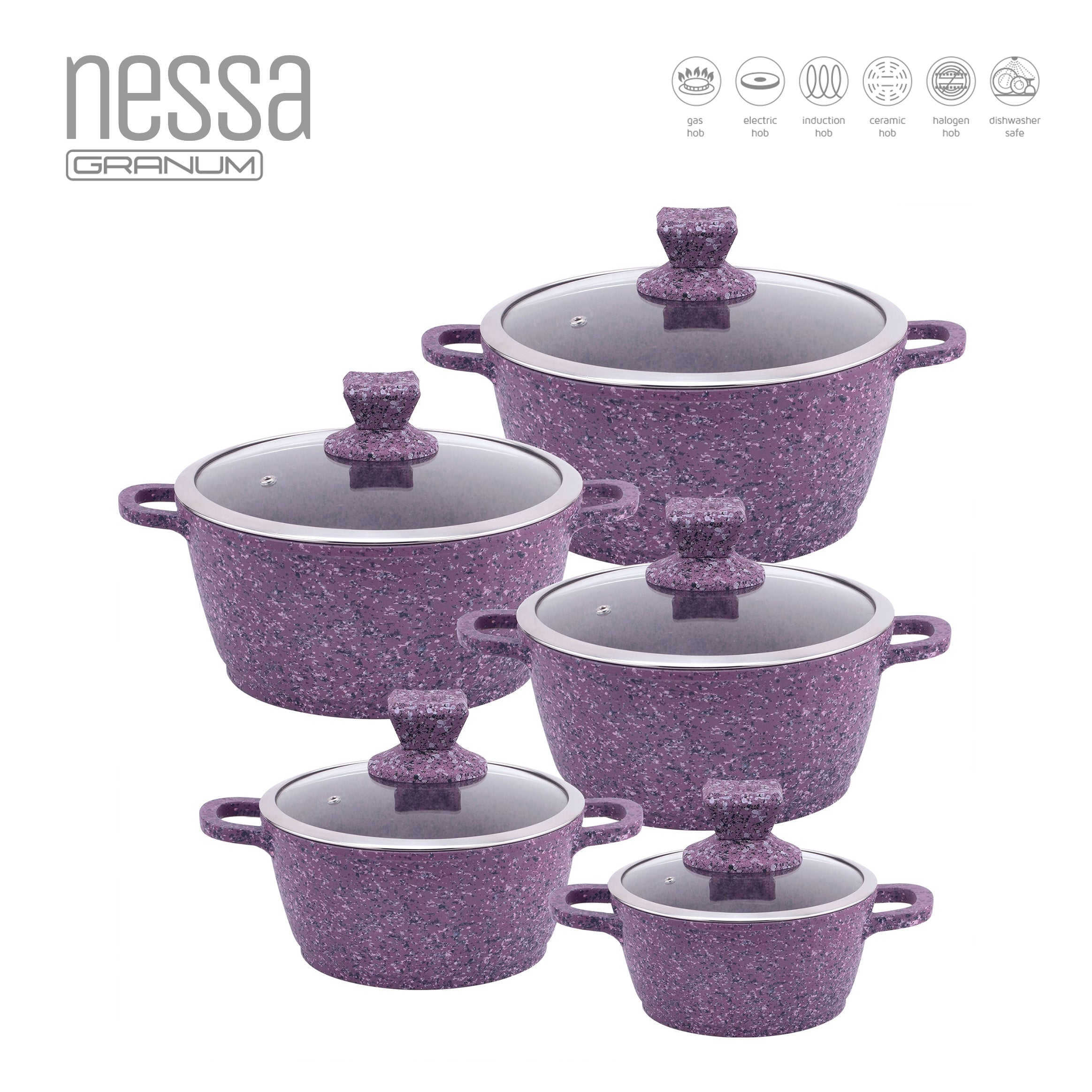 Granite Stockpots With Induction - NESSA GRANUM - Purple - 5 Pcs Set