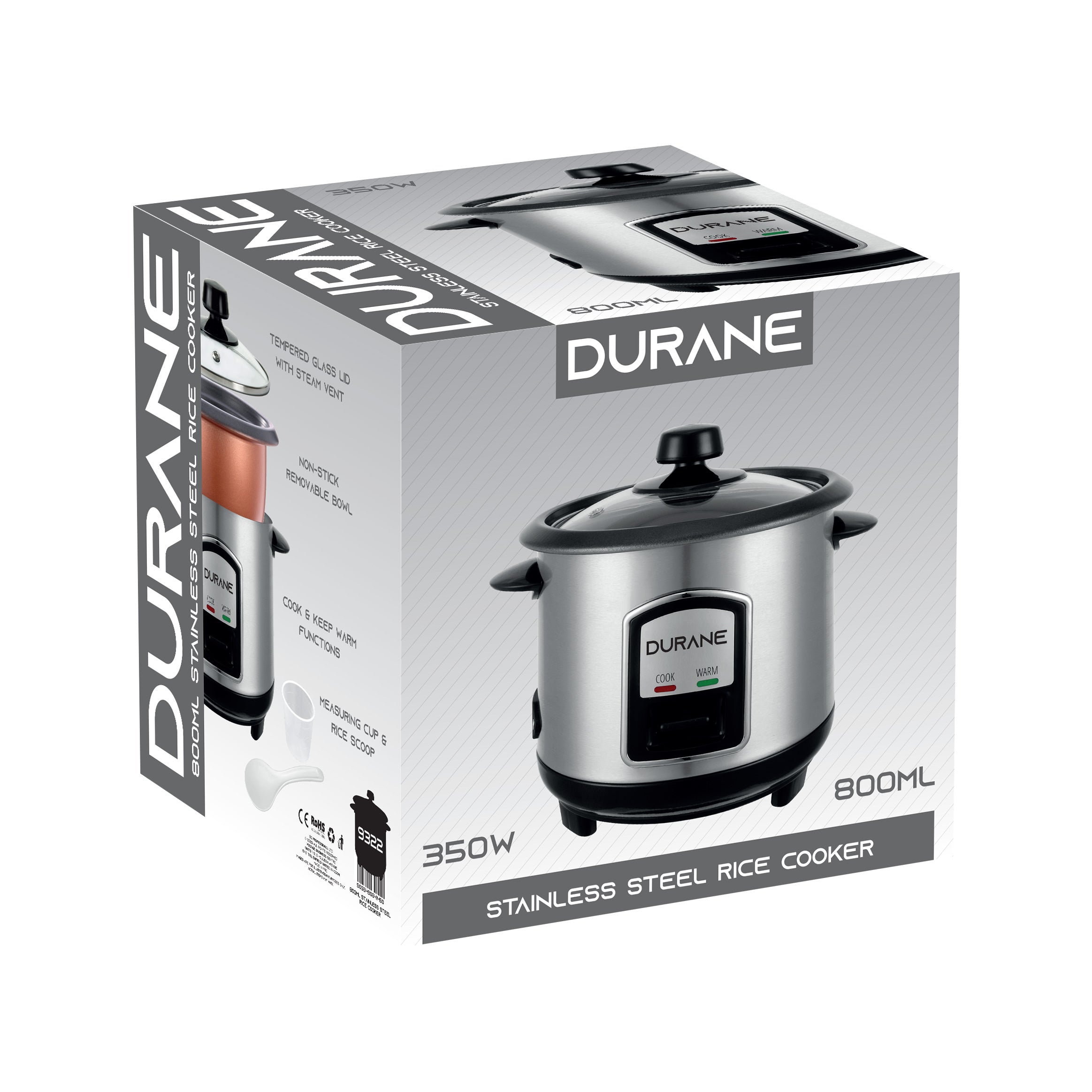 Electric Rice Cooker - DURANE - Stainless Steel - 0.8 L
